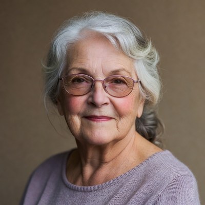Elderly woman with glasses smiling