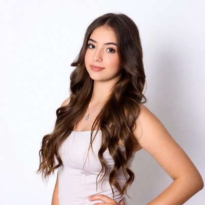 Smiling girl with long wavy brown hair