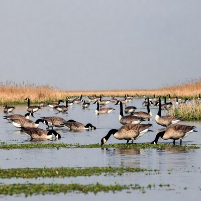Flock of Canada Geese in Wetland