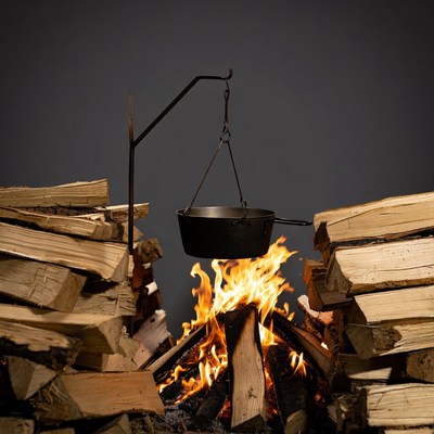 Campfire with Suspended Pot over Logs