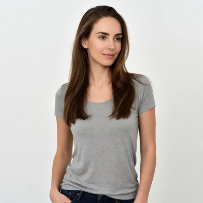 Woman in gray t-shirt on white background