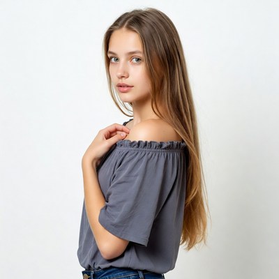 Young woman in off-shoulder top profile