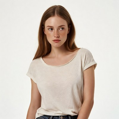 Young woman with freckles in white t-shirt