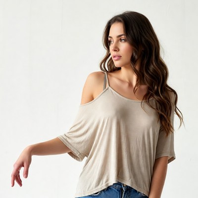 Woman in off-shoulder top posing
