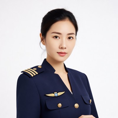Asian woman in navy pilot uniform