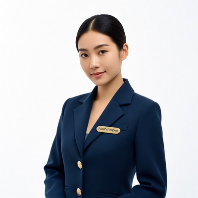 Asian flight attendant in navy uniform