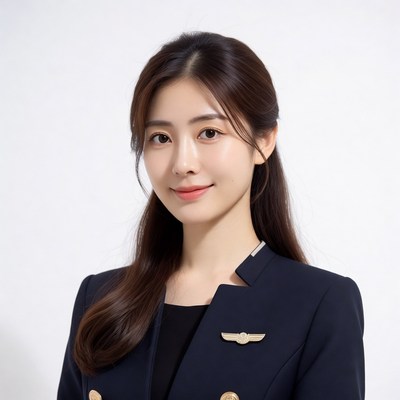 Asian woman in navy flight attendant uniform