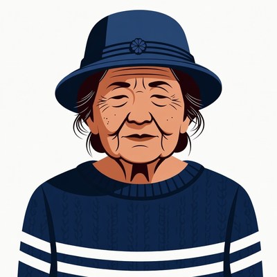 Elderly Asian woman in blue hat