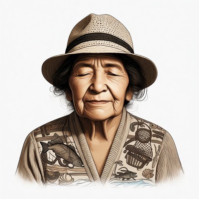 Elderly Asian woman in fisherman's hat