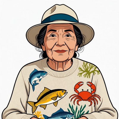 Elderly woman in fish sweater