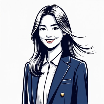 Asian woman in navy suit illustration
