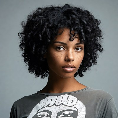 Woman with curly hair wearing band t-shirt