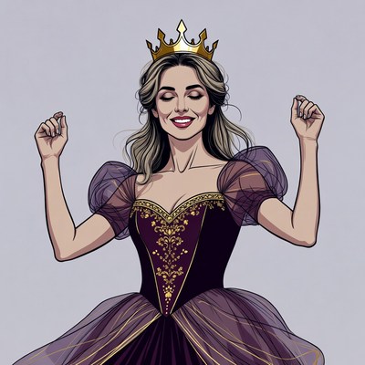 Blonde woman in purple gown with crown