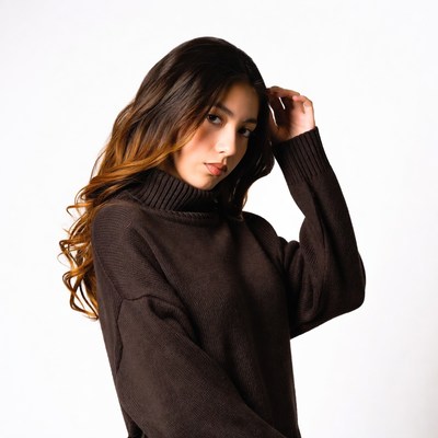 Woman in brown turtleneck sweater