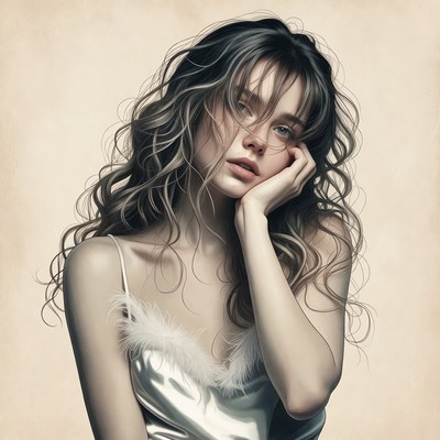 Woman with wavy hair resting chin