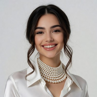 Smiling woman wearing pearl necklace