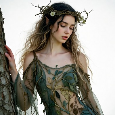 Elf woman in leafy dress by tree