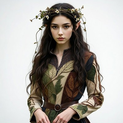 Woman in leaf dress with flower crown