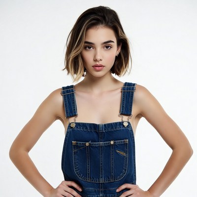 Woman in blue denim overalls