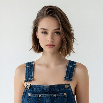 Woman in blue denim overalls