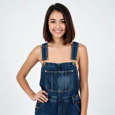Asian woman in denim overalls smiling
