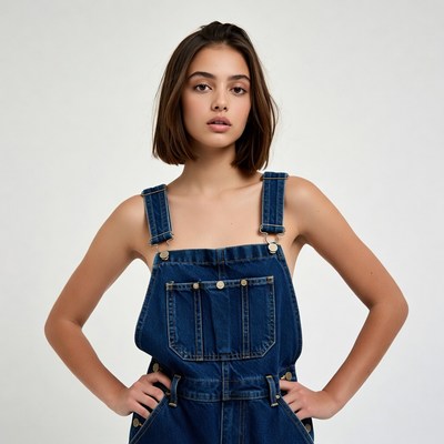 Woman in blue denim overalls
