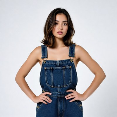 Asian woman in denim overalls