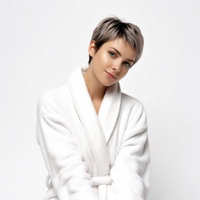 Woman with short hair in white bathrobe