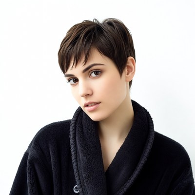 Woman with short brown hair in black robe