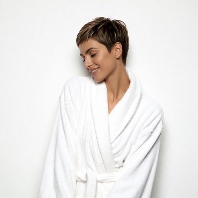 Woman in white bathrobe smiling