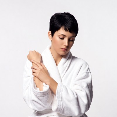 Woman in white bathrobe with short black hair