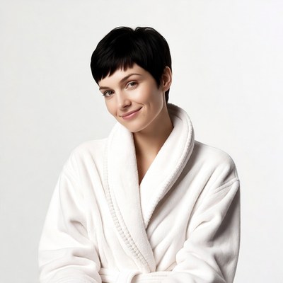 Woman with short black hair in white bathrobe