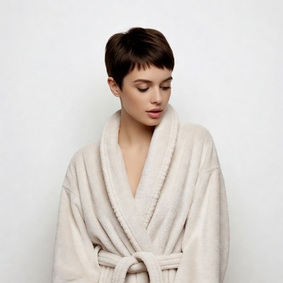 Woman with short hair in white bathrobe