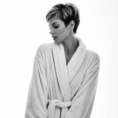 Woman in white bathrobe profile view
