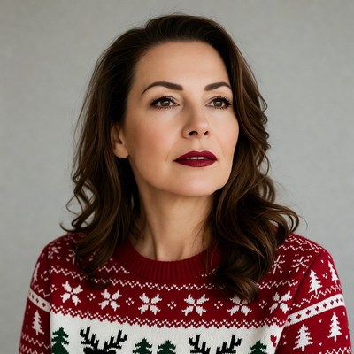 Woman in red reindeer Christmas sweater