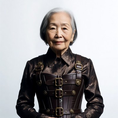 Elderly Asian woman in leather corset