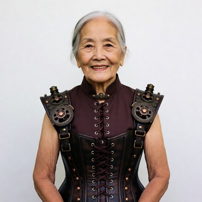 Elderly Asian woman in steampunk corset