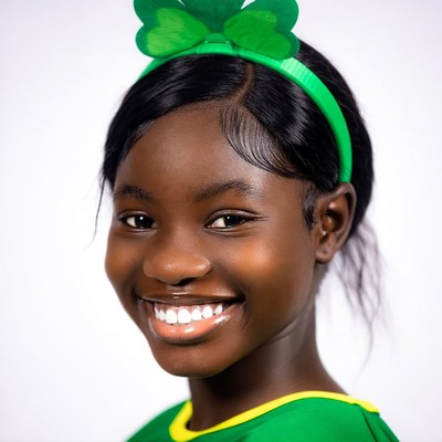 African girl with shamrock headband smiling