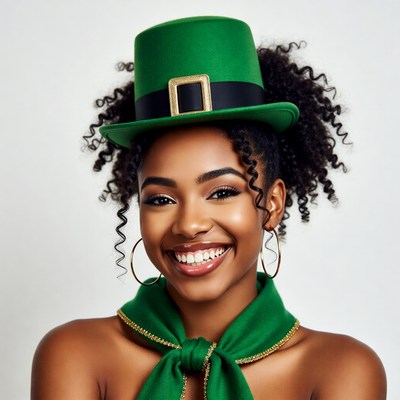 African-American woman in green leprechaun hat