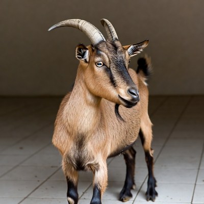 Brown goat with curved horns