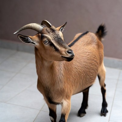 Brown goat standing on tiled floor