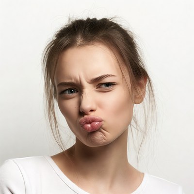 Young woman making duck face pout