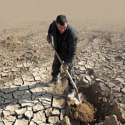 Man digging shovel in dry cracked ground