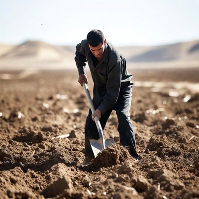 Man digging with shovel in desert