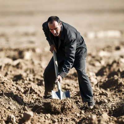 Man digging with shovel in field