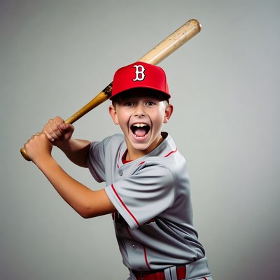 Boy swinging baseball bat in Red Sox uniform