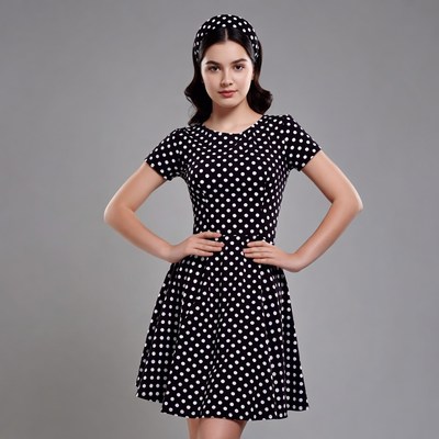 Woman in black polka dot dress