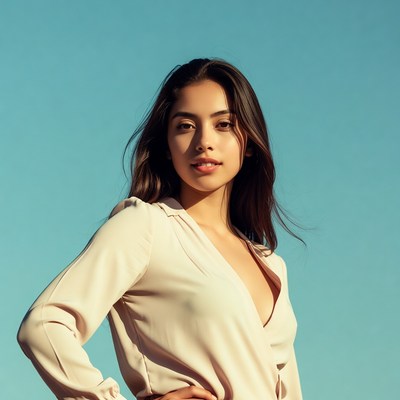 Young woman in white blouse blue background
