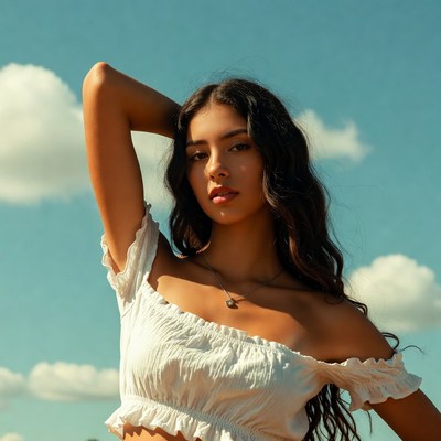 Woman posing with hand in hair outdoors
