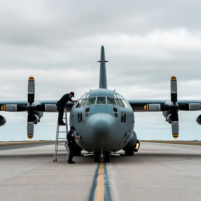 Mechanics Working on C-130 Airplane